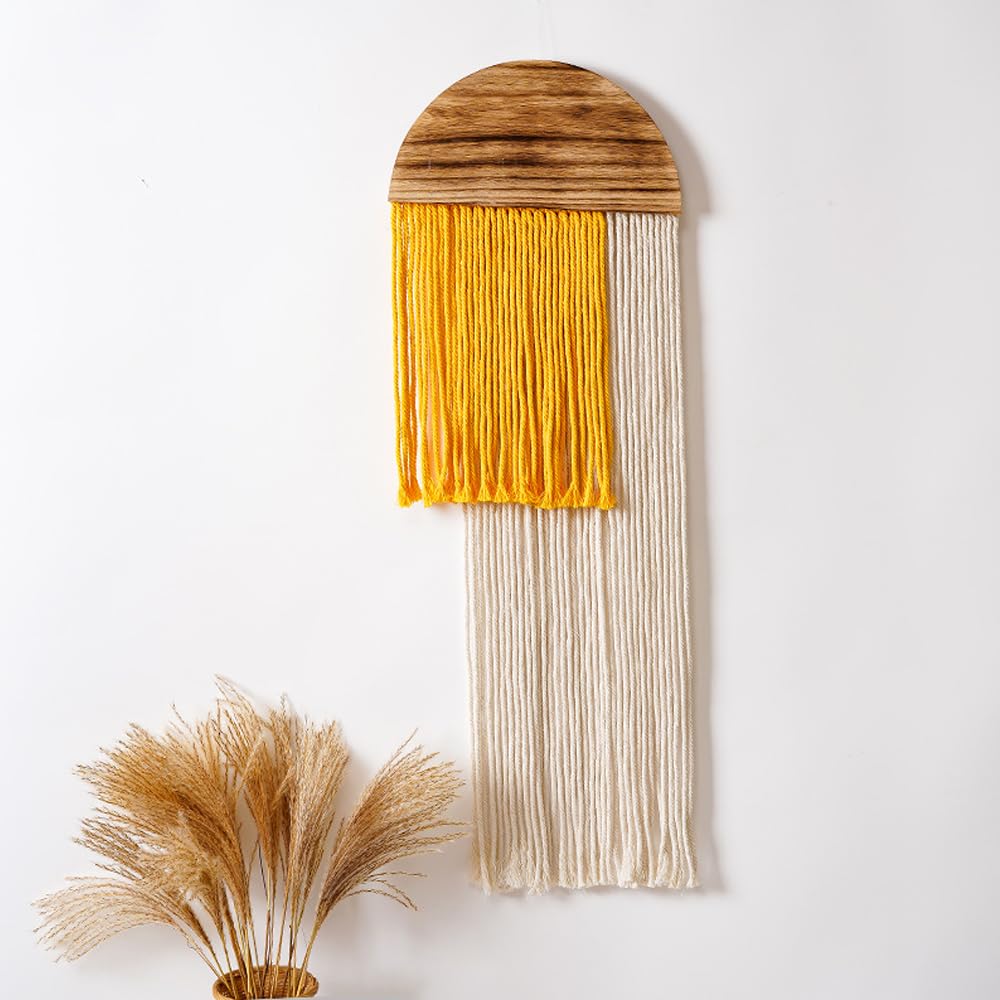 Macrame Wall Hanging, Boho Woven Tapestry, Modern Tassel Wall Decor, Handmade Wall Art Tapestry for Bedroom, Living Room, Home, Bohemian Apartment Decoration Ornament Craft (Yellow Semicircle)