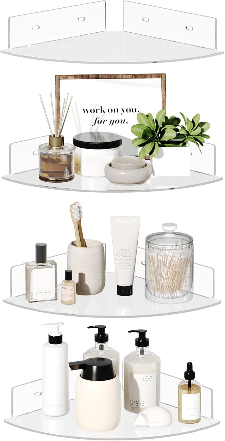 4 Pack 10 upsimples Acrylic Corner Floating Shelves, in Clear Hanging Shelves with Cable Management Design, Wall
