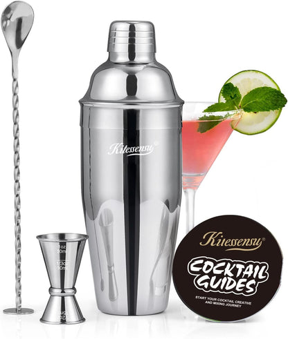 24oz Set Cocktail Shaker, KITESSENSU Drink Shaker with Bartender Strainer, Measuring Jigger, Bar Mixing Spoon, Cocktail