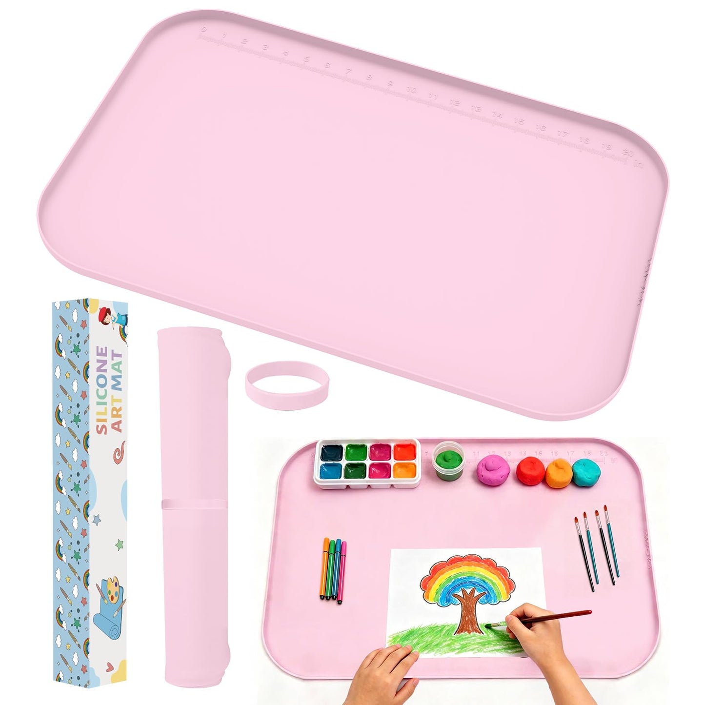 AWOKE 24"x16" Silicone Mats for Crafts with 0.7" High Edges, Large Leak-Proof Art Mat for Playdoh, Resin, Painting, Clay, Slime,Beads, Lego, Puzzle, Non-Stick & Non-Slip Table Protector for Kids, Pink