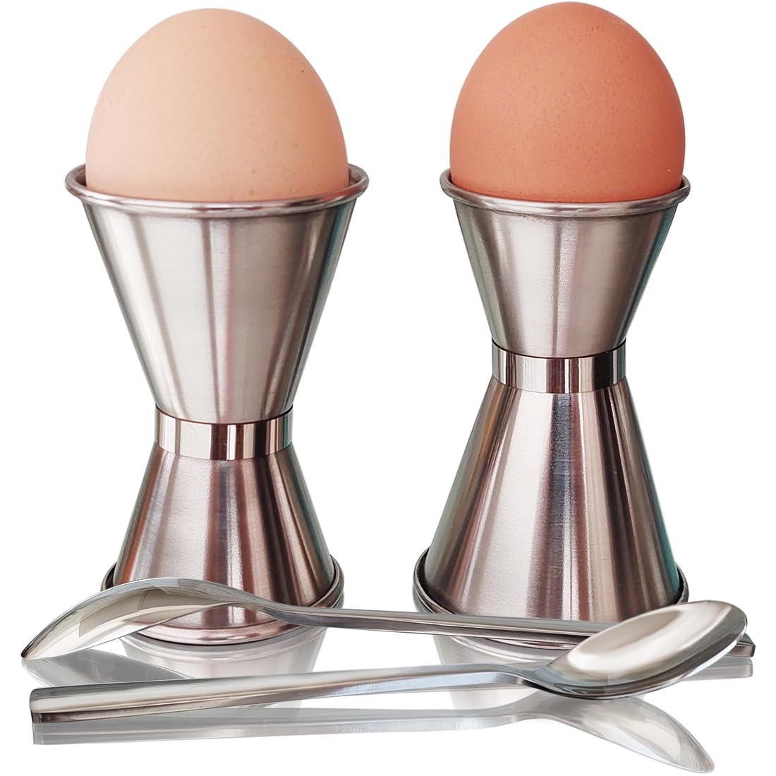 NobleEgg Universal Egg Cups and Spoons for Soft Boiled Eggs, All Chicken Egg Sizes | Stainless Steel | Set for 2