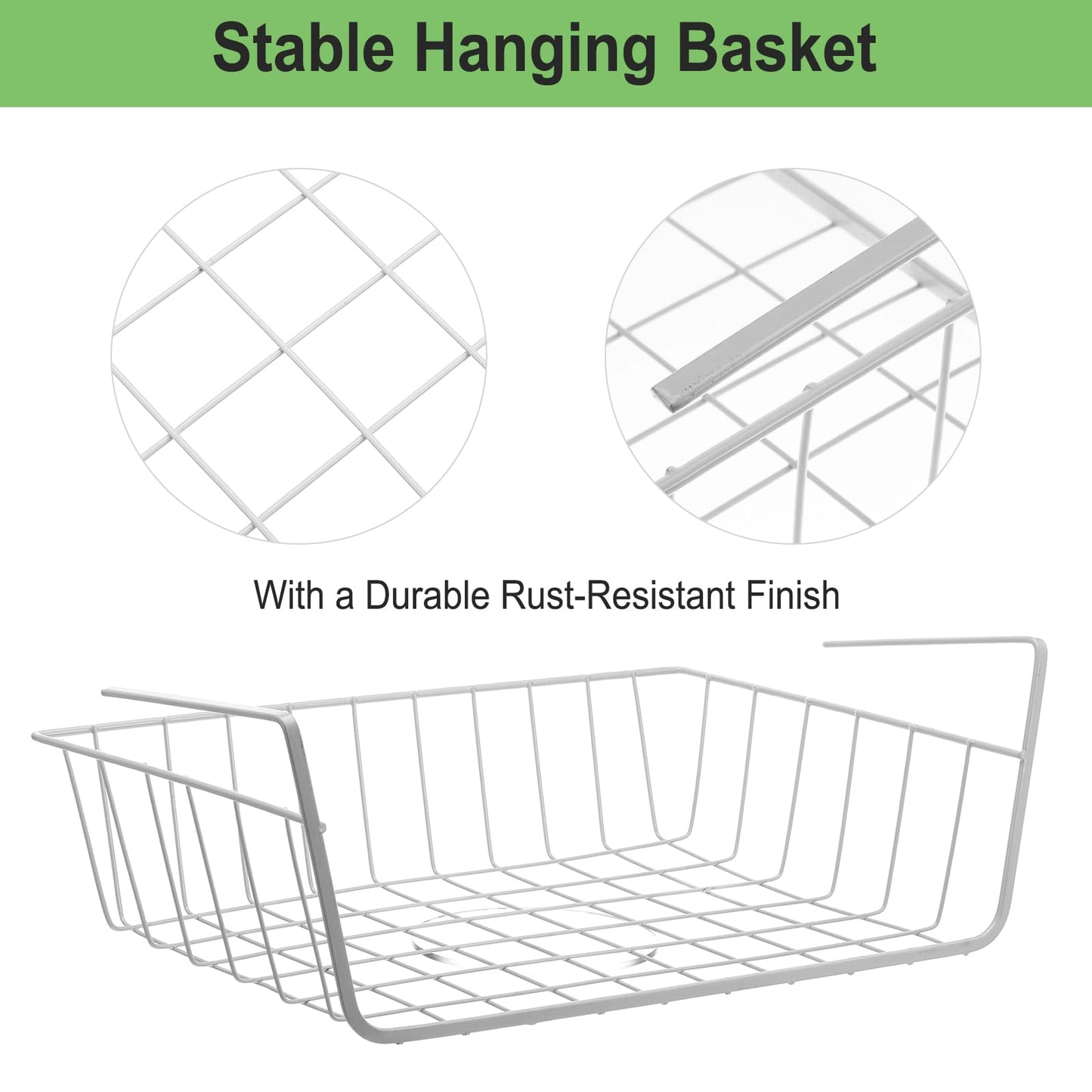 4-Pack White Under Cabinet Storage Baskets – Hanging Shelf Organizers for Kitchen, Pantry, Desk & Bookshelf – No-Tool Installation, Space-Saving Design