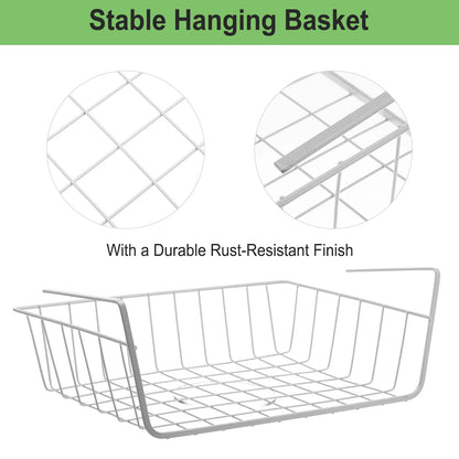 4-Pack White Under Cabinet Storage Baskets – Hanging Shelf Organizers for Kitchen, Pantry, Desk & Bookshelf – No-Tool Installation, Space-Saving Design