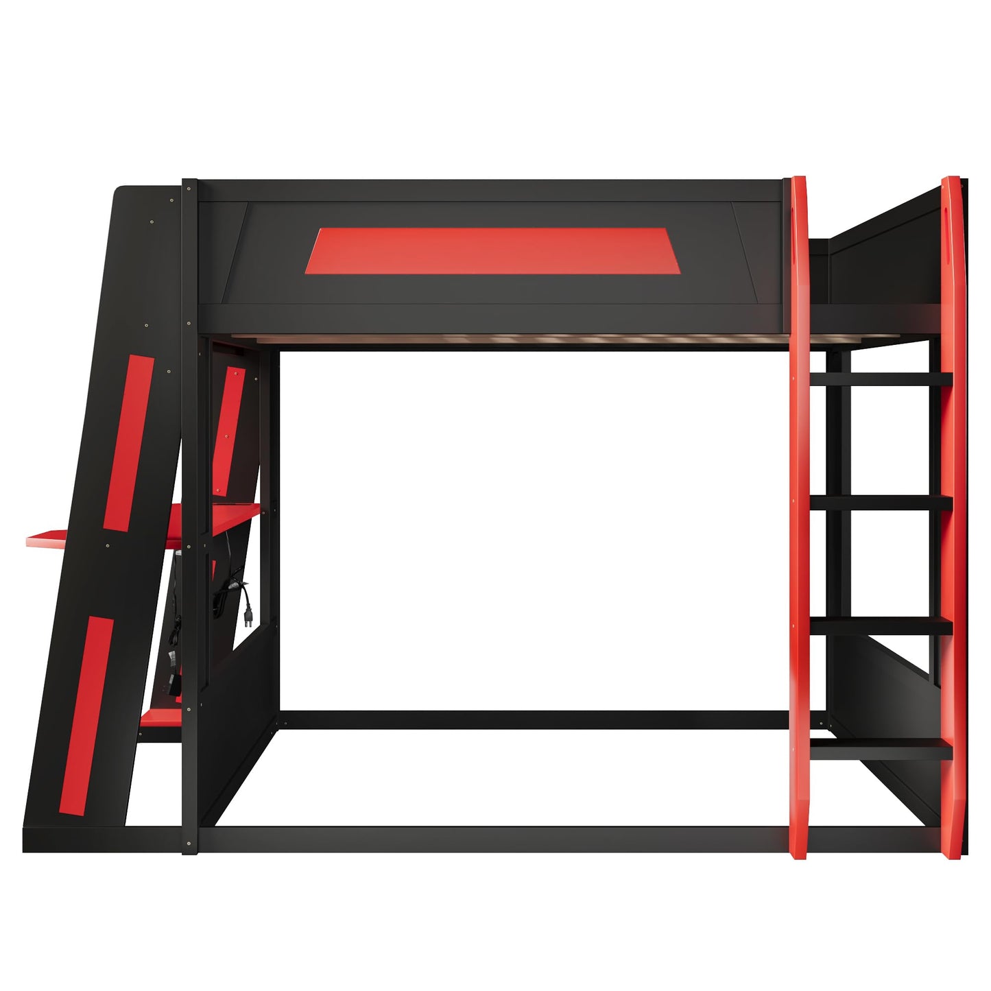 Merax Queen Over Queen Wooden Gaming Bunk Bed with Built-in Desk, LED Lights, USB Port, and 2 Storage Shelves, Solid Wood Gaming Loft Bed for for Bedroom, Black+Red