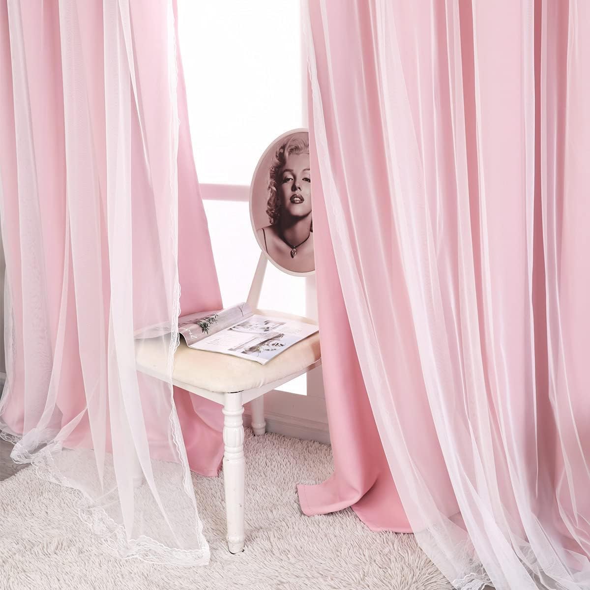 2 52x84 Inches Pink Blackout Curtains with Sheer Overlay, Panels, Thermal Insulated & Soundproof, Lace Trim