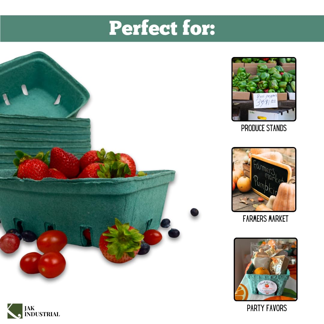 JAK Industrial 25 Pack Green Molded Pulp Fiber Berry/Produce 1.5 Quart Basket - Large Berry Basket