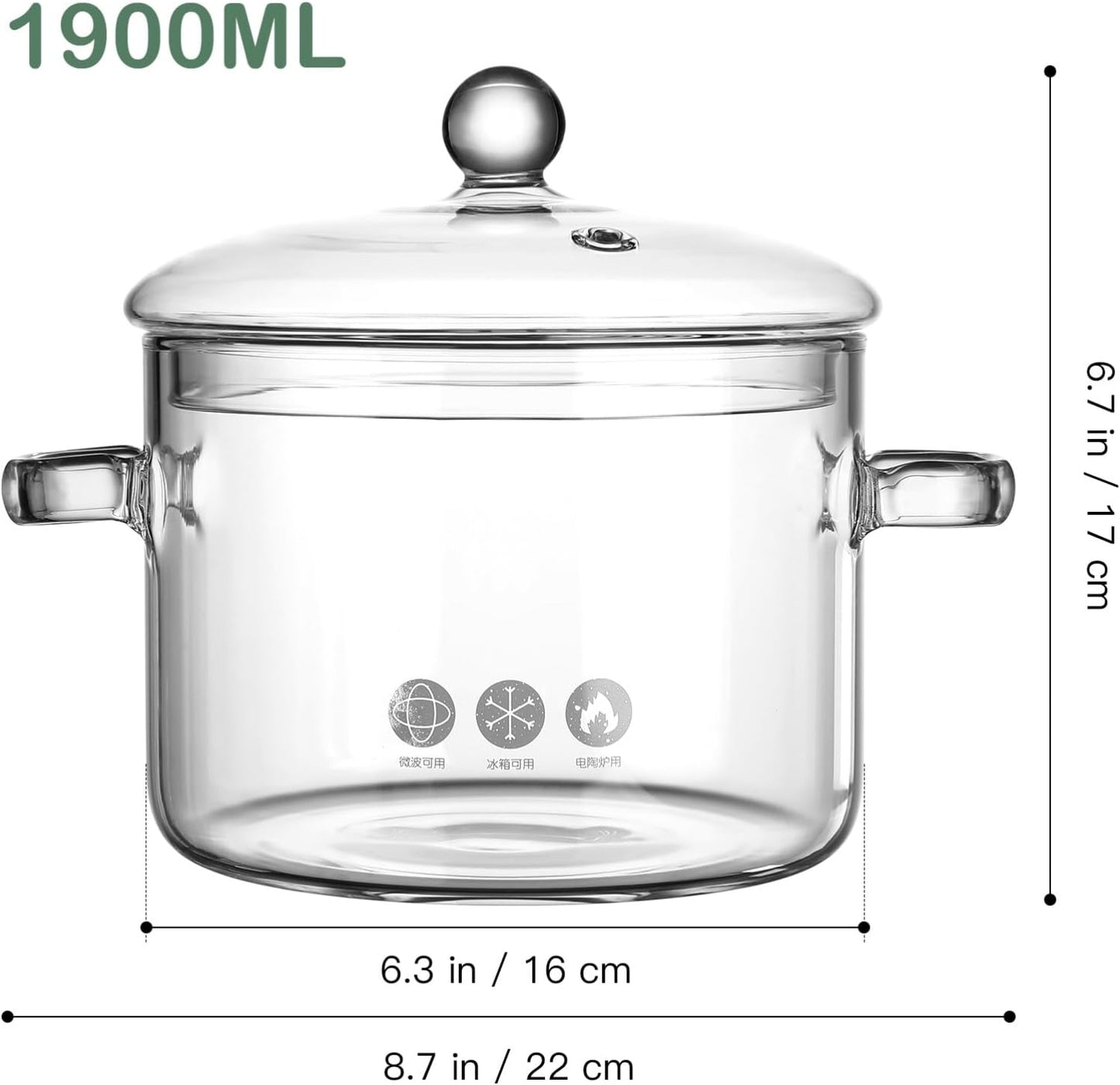 DOITOOL Glass Cooking Pot with Lid, 1900ML, Clear Glass Stovetop Cooking Pot, Dual Handles for Cooking