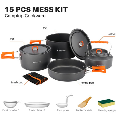 Odoland 15pcs Camping Cookware Non-Stick Lightweight Camping Pots and Pans Set with Kettle Plastic Plates Bowls Soup Spoon for Camping, Backpacking, Outdoor Cooking and Picnic (15PCS w/Kettle)