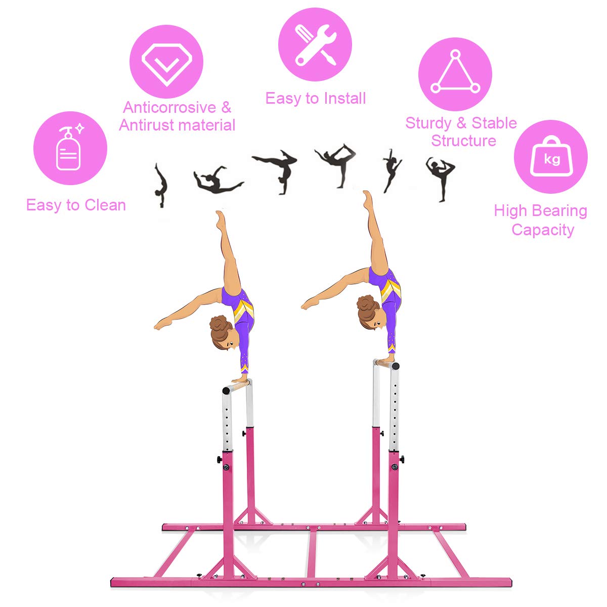 Costzon Double Horizontal Bars, Junior Gymnastic Training Parallel Bars w/ 11-Level 38-55" Adjustable Heights, Converted Single Bar, 264lbs Capacity, Ideal for Indoors, Outdoors, Home Practice (Pink)