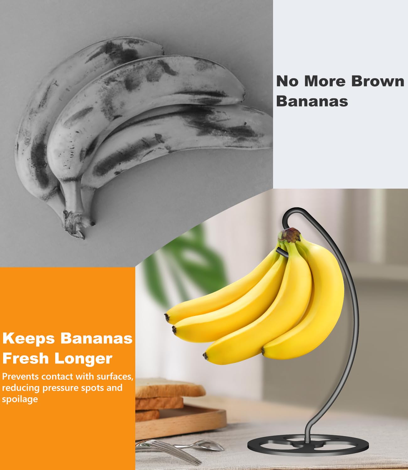 Bliocefo Banana Holder Metal Hanger Rack Stand Tree Keeper Modern Hook with Metal Base Storage and Display of Fruit for Home Kitchen Countertop Easy to Take Anywhere Doesn't Tip Over (Black.)