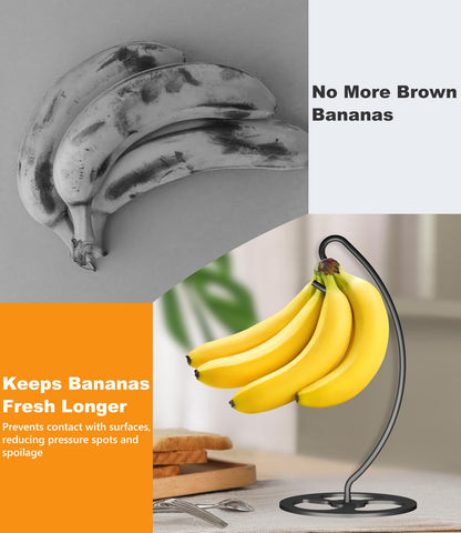 Bliocefo Banana Holder Metal Hanger Rack Stand Tree Keeper Modern Hook with Metal Base Storage and Display of Fruit for Home Kitchen Countertop Easy to Take Anywhere Doesn't Tip Over (Black.)