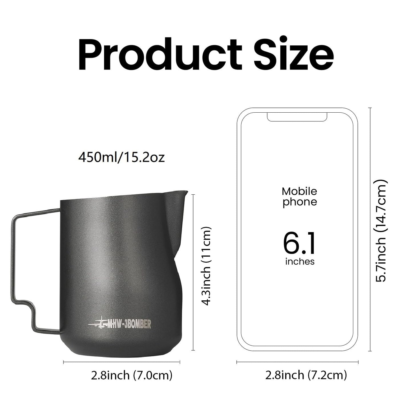 MHW-3BOMBER Milk Frothing Pitcher 450ml/15.2oz Milk Frother Cup Espresso Steaming Pitcher Stainless Steel Milk Frother Cup Barista Latte Art Round Spout Milk Jug P6001S