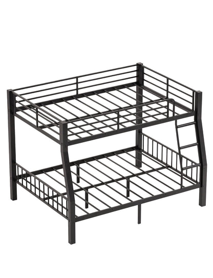 Mixcous Full XL Over Queen Bunk Bed for Adults, Heavy Duty Metal Queen Bunk Bed Frame with Reinforced Steel Slats, Full-Length Guardrails & Anti-Slip Ladder, Noise-Free, No Box Spring Needed, Black