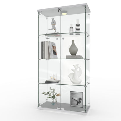 GarveeHome 4 Shelves Display Cabinet, Tempered Glass Curio Showcase with LED Light & Lock, Double Doors Storage Cabinet for Living Room Bedroom Office, White, 64x31.7x14.3 Inch