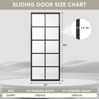 Jubest DIY Glass Sliding Closet Kitchen Door, 36in x 84in Modern French 5-Lite Clear Tempered Glass Aluminum Frame, Easy Assembly