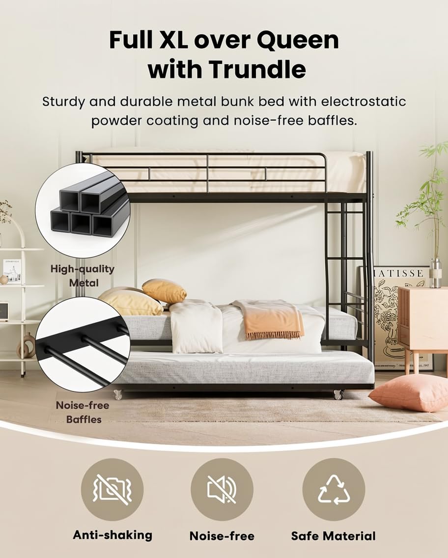 Miscoos Full XL Over Queen Bunk Bed with Trundle, Heavy-Duty Queen Bunk Bed with with Safety Ladder and Full-Length Guardrail, Convertible to 3 Beds for Teens and Adults, Black