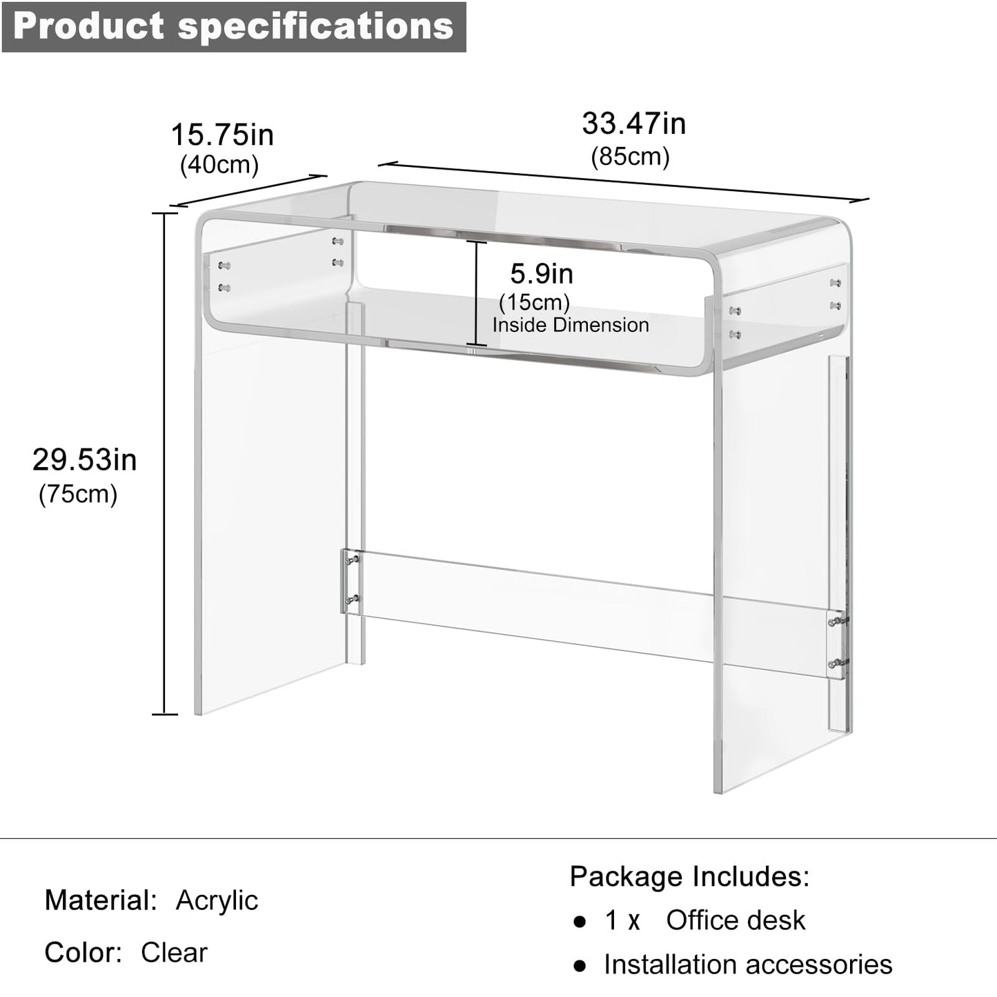 XOHYW Acrylic Office Desk, Modern Laptop Writing Study Table with Open Storage, Transparent Console Entryway Table, 33.5" L x 15.8" W x 29.5" H, for Home, Bedroom (Clear)