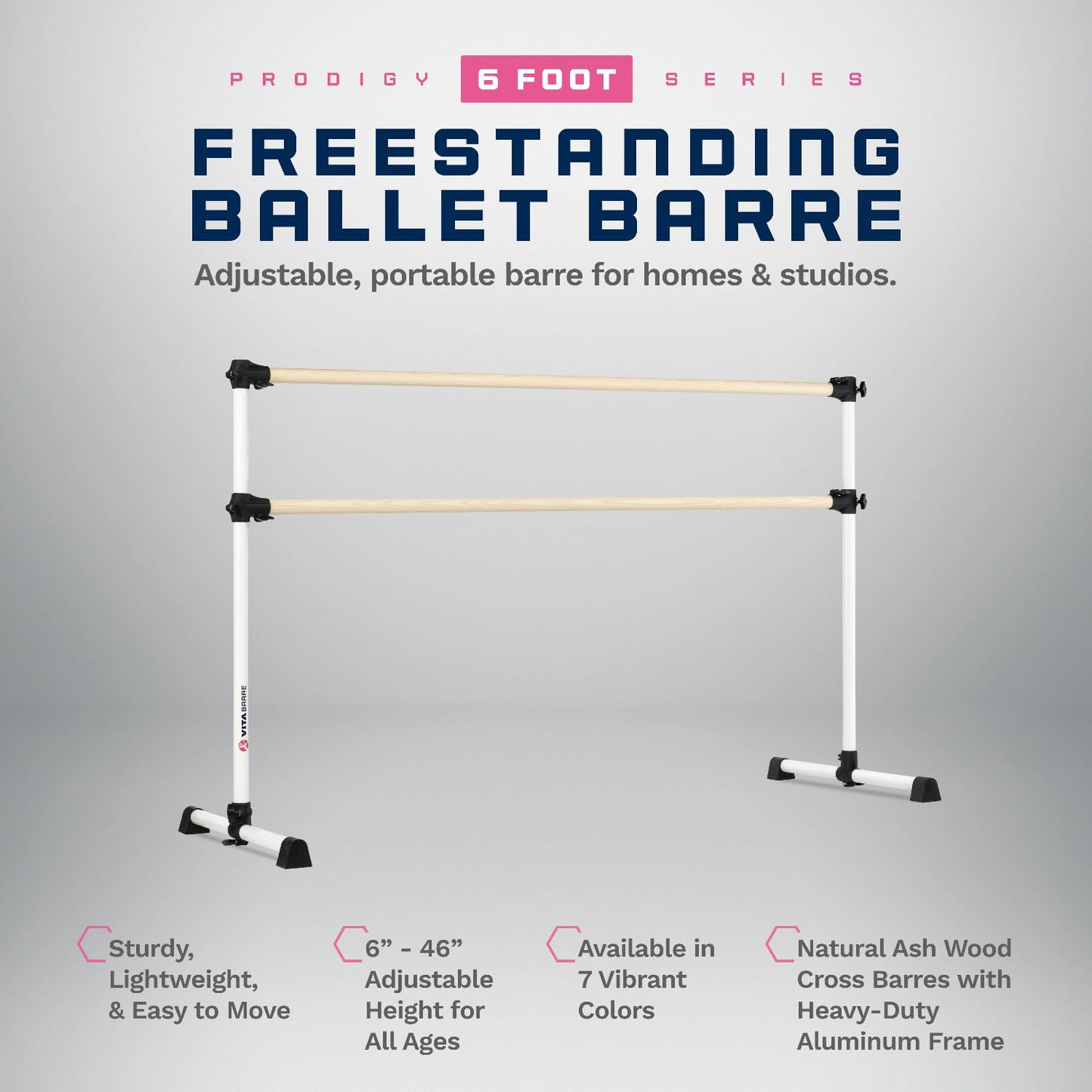 VITA Barre Portable Freestanding Double Ballet Barre, Prodigy, 6 Ft Bars, White | Adjustable Height, USA Made, Home or Gym Exercise Equipment for Kids & Adults | Dance, Fitness, Pilates