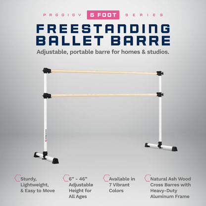 VITA Barre Portable Freestanding Double Ballet Barre, Prodigy, 6 Ft Bars, White | Adjustable Height, USA Made, Home or Gym Exercise Equipment for Kids & Adults | Dance, Fitness, Pilates