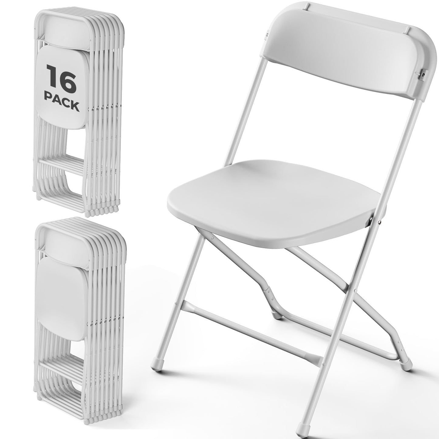 MAKE CHANGES Folding Chairs 16 Pack, Plastic Folding Chairs for Outside, Heavy Duty Foldable Chairs, Sturdy Metal Folding Chairs, 350 lbs Capacity, for Patio, Garden, Camping, White