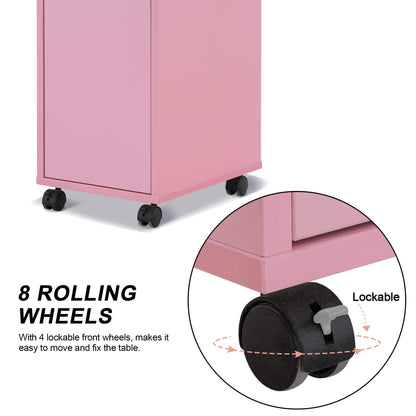 BarberPub Manicure Table, Acetone Resistant Nail Desk, Nail Table with 4 Drawers, 2 Cabinet, Lockable Wheels, Wrist Pad, Nail Desk for Nail Tech, Beauty Salon Pink 0611