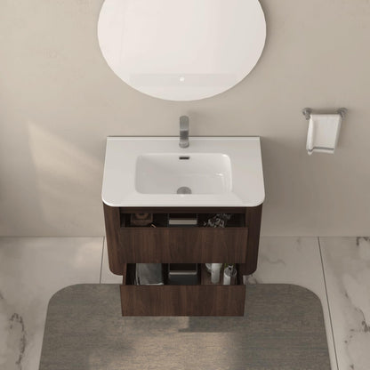 GDFStudio 30" Wall Mounted Bathroom Vanity with Sink,Floating MDF Cabinet with Soft-Close Double Drawers,Vanity with White Ceramic Integrated Basin, Modern Space-Saving Bathroom Storage,Dark Walnut