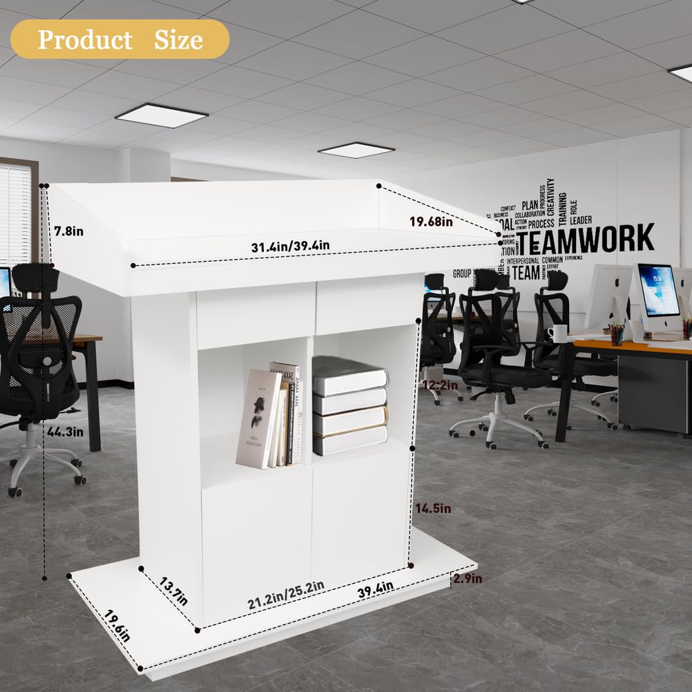 Podiums Standing Wooden Podium Teacher Podium Suitable for Weddings Churches Lecture Halls and classrooms with Three-Tier Storage Shelves,White,L39.4″×W19.6″×H44.3″