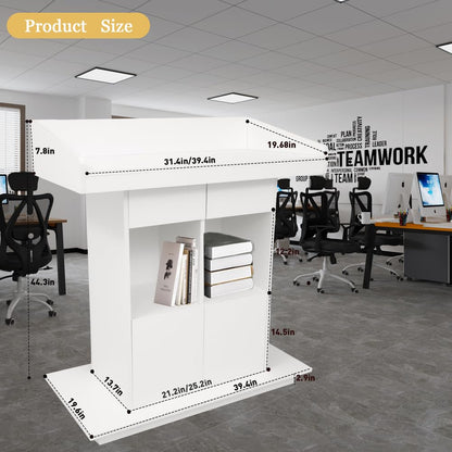 Podiums Standing Wooden Podium Teacher Podium Suitable for Weddings Churches Lecture Halls and classrooms with Three-Tier Storage Shelves,White,L39.4″×W19.6″×H44.3″