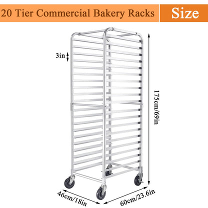 Zocgioe Bun Pan Rack, 10/20-Tier Commercial Bakery Racks with Brake Wheels, Bakery Rack, Aluminum Racking Trolley Storage, for Kitchen, Restaurant, Cafeteria, Pizzeria,20Tier