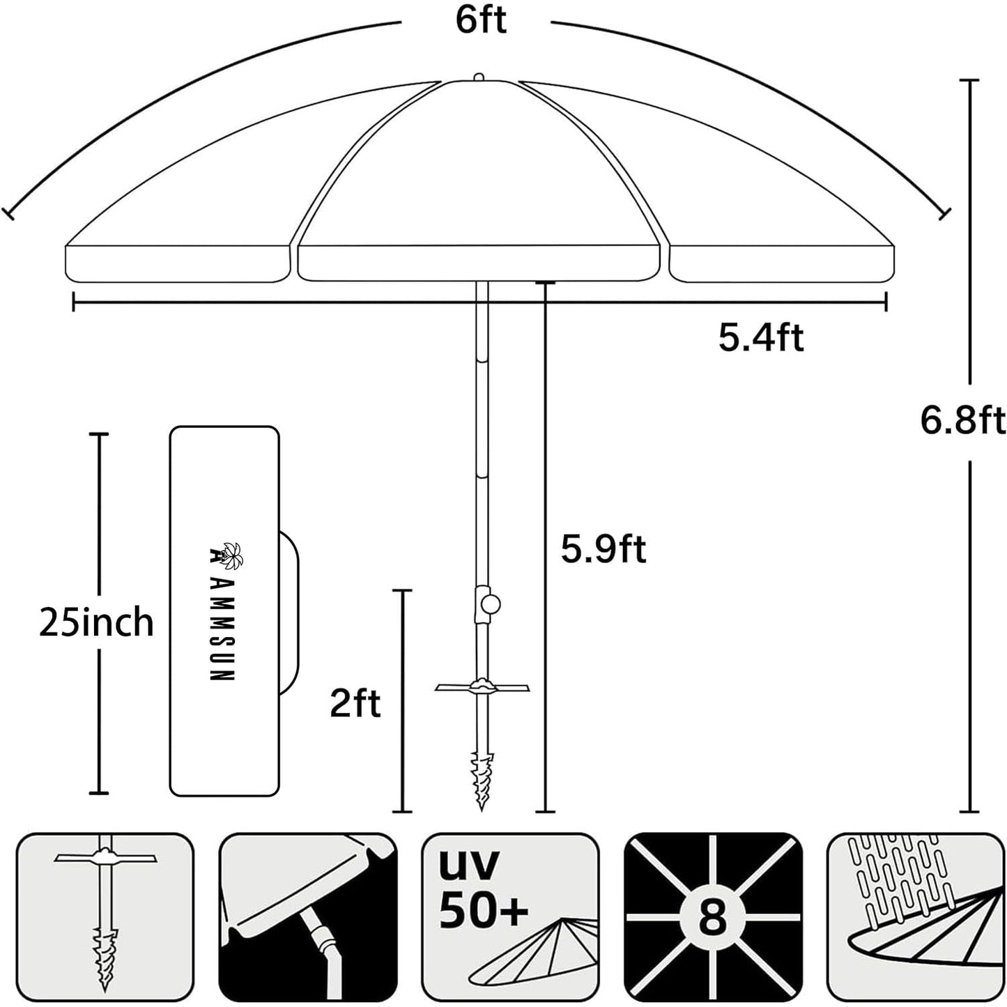 AMMSUN 6ft Folded Portable Travel Beach Umbrella with Sand Anchor Tilt Air vent UPF 50+UV Protection Fit In Suitcase Compact Foldable Telescopic umbrellas for Patio Garden Beach Pool Blue