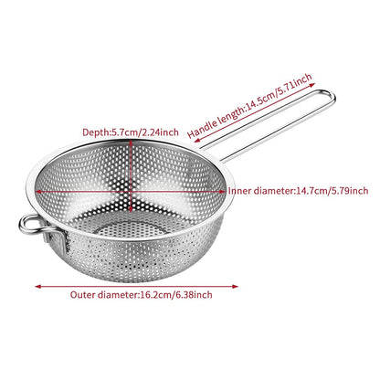 Stainless Steel Colander with Handle, Fine Mesh Strainer Kitchen Food Strainer, Large Metal Colander Great for Pasta, Noodles, Vegetables and Fruits(COLOR:Silver)