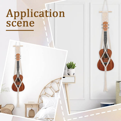 CREATCABIN Ukulele Wall Mount Hanger White Macrame Guitar Wall Hanger 7.87" x 37.4" Cotton Boho Hanging Stand Holders Hangers Alternative Kit with Wood Head for Acoustic Electric Guitars Walls Decor