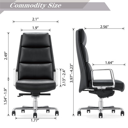 FURIJING Genuine Leather Aluminum Base High Back Executive Chair,Modern Ergonomic Real Leather Office Chair Boss Executive Chair with Synchro-Tilt Mechanism-Black.