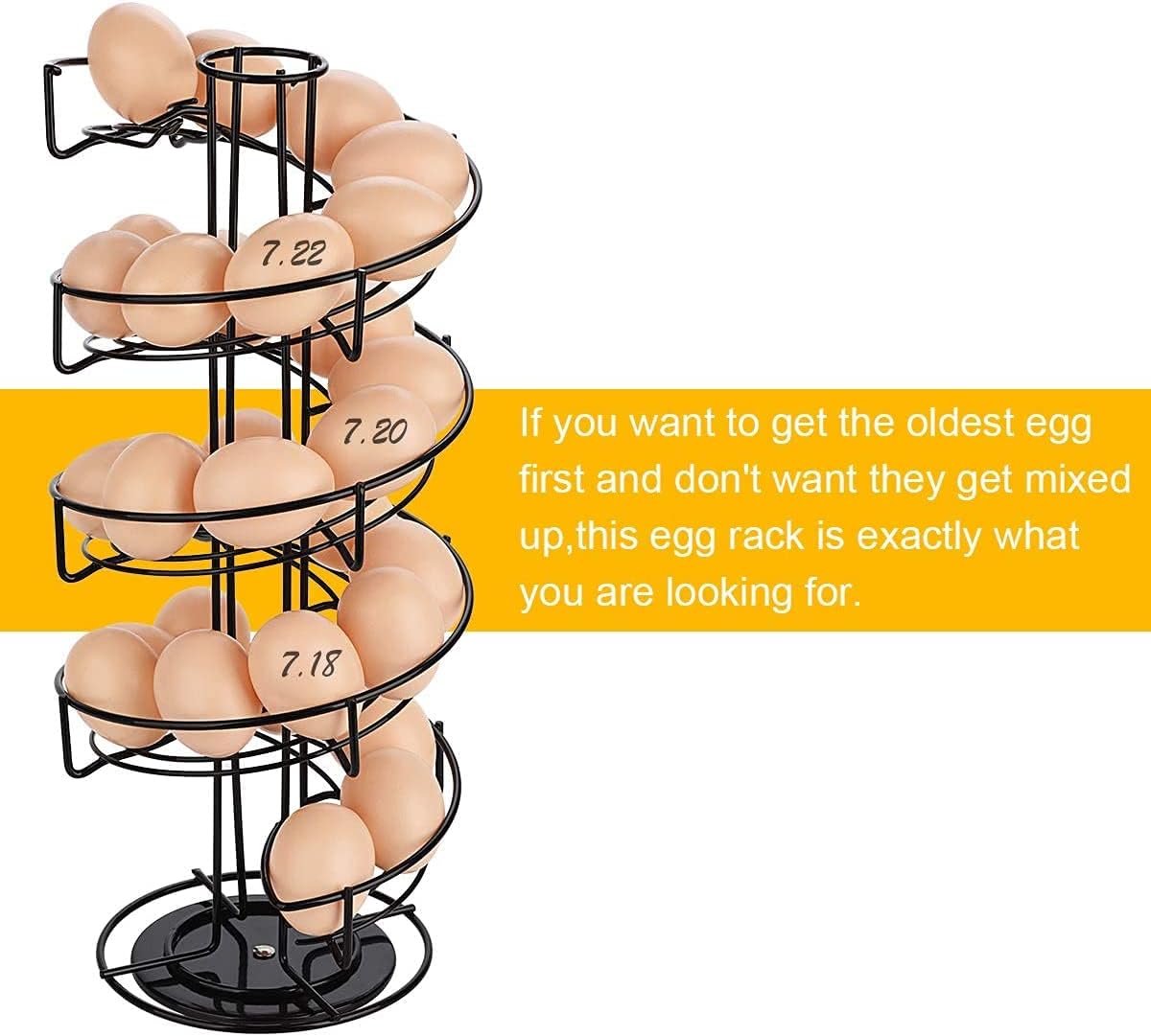 360 Elegant Black Spiral Egg Dispenser Rack - Rotating Storage Solution