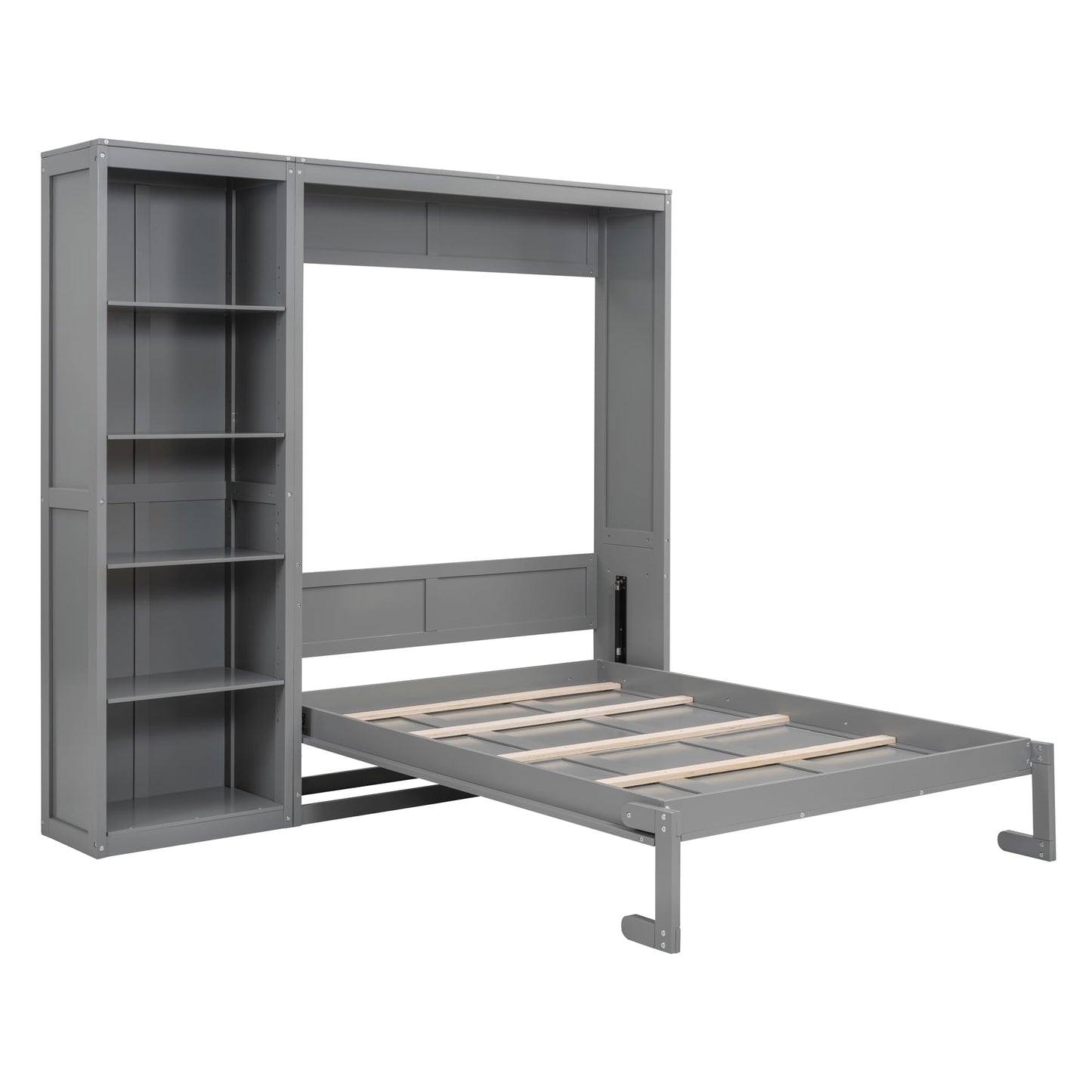 Merax Space-Saving Gray Murphy Bed Full Size with Adjustable Storage Shelves, Multifunctional Foldable Wall Bed for Small Spaces Studio Study Office Guest Room