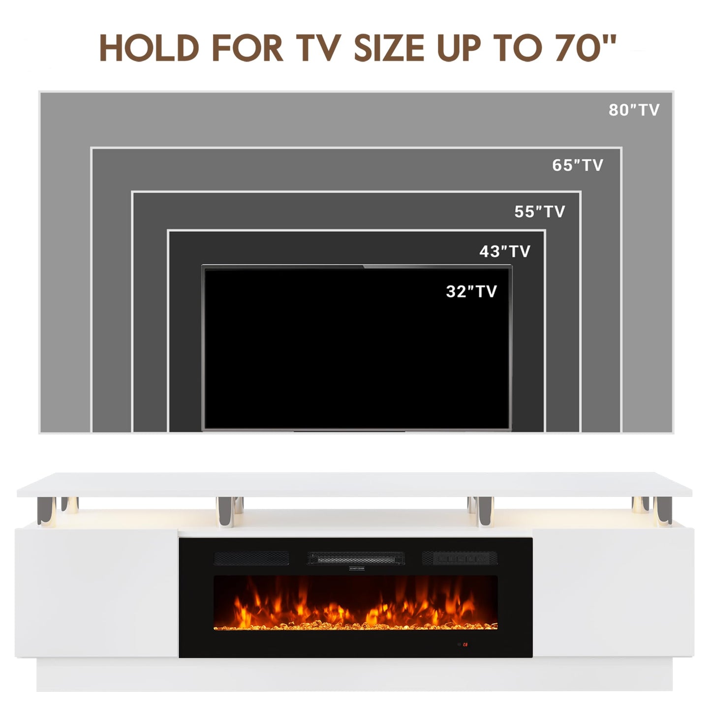 OneBlis 70" Fireplace TV Stand for TVs UP to 80", Electric Fireplace Entertainment Center with LED Lights & Storage Cabinets, TV Console for Living Room, Office, White-Black