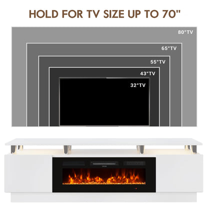 OneBlis 70" Fireplace TV Stand for TVs UP to 80", Electric Fireplace Entertainment Center with LED Lights & Storage Cabinets, TV Console for Living Room, Office, White-Black