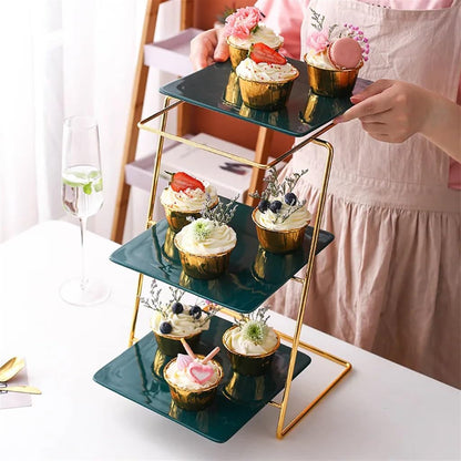 AODFDSJH Ceramic Tray Iron Dessert Table Display Stand Afternoon Tea Multi-Tier Pastry