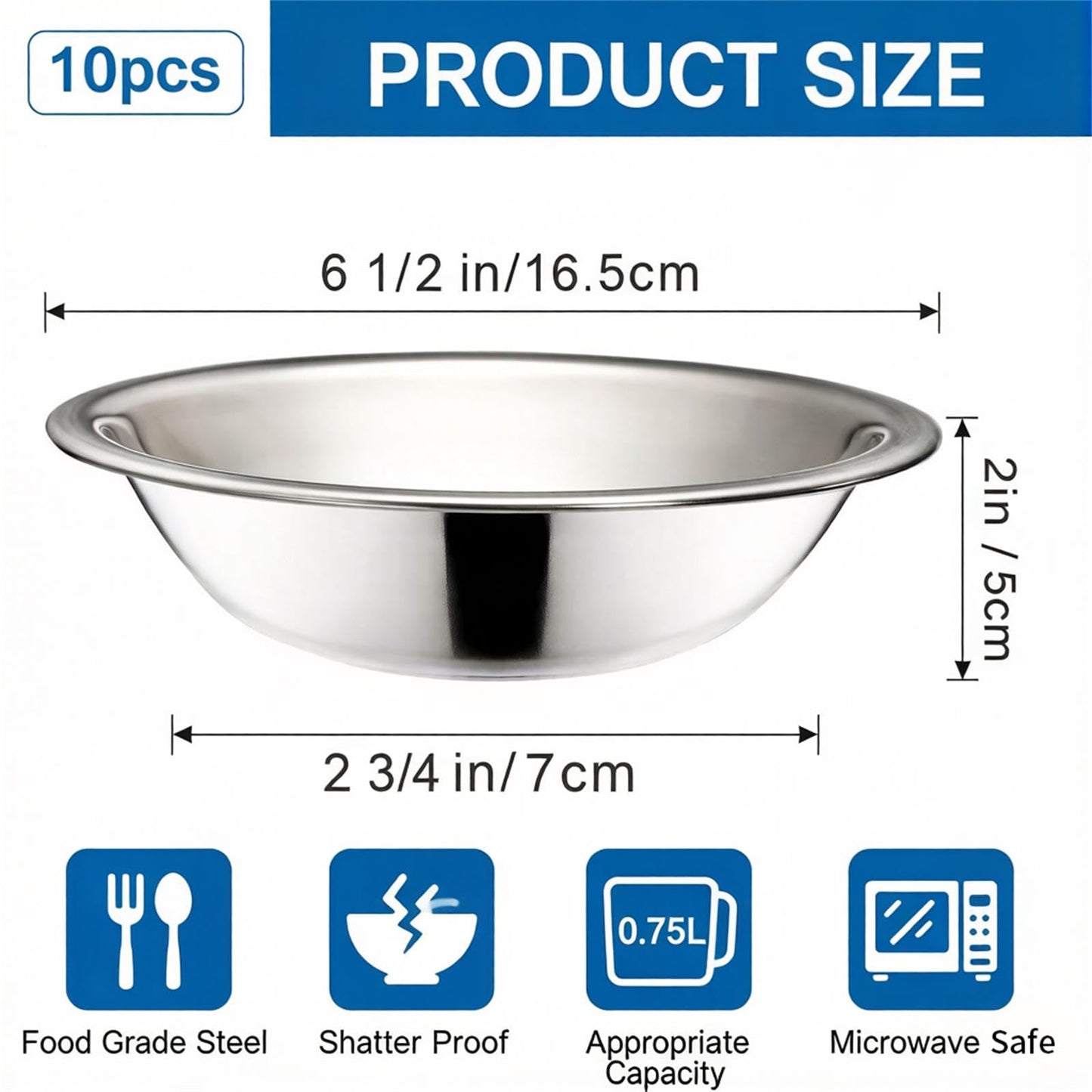 Okllen 10 Pack Small Stainless Steel Bowls, 6 1/2 Inch Wide Kitchen Metal Bowl with Flat Base, 3/4 Quart Prep Bowls for Meal Prep, Cooking, Serving, Baking