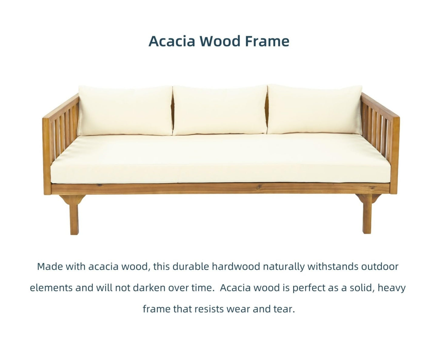 Merax Solid Acacia Wood Couch Chaise Lounge Chair Indoor, 3 Seater Daybed Sofa Couches with Cushions & Pillow, Heavy Frame Day Bed for Living Room, Office, Outdoor, Balcony, Patio, Water Resistant