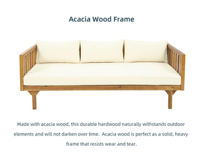 Merax Solid Acacia Wood Couch Chaise Lounge Chair Indoor, 3 Seater Daybed Sofa Couches with Cushions & Pillow, Heavy Frame Day Bed for Living Room, Office, Outdoor, Balcony, Patio, Water Resistant