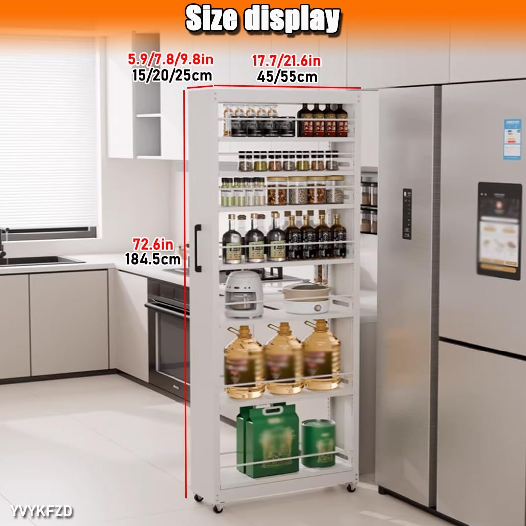 Slim Rolling Spice Rack Cart - 5/7 Tier Metal Kitchen Storage with Wheels, Narrow Shelf Utility Cart for Dining Room & Bakery, 9.8"x21.6"x72.6" - Organize Spices & Essentials
