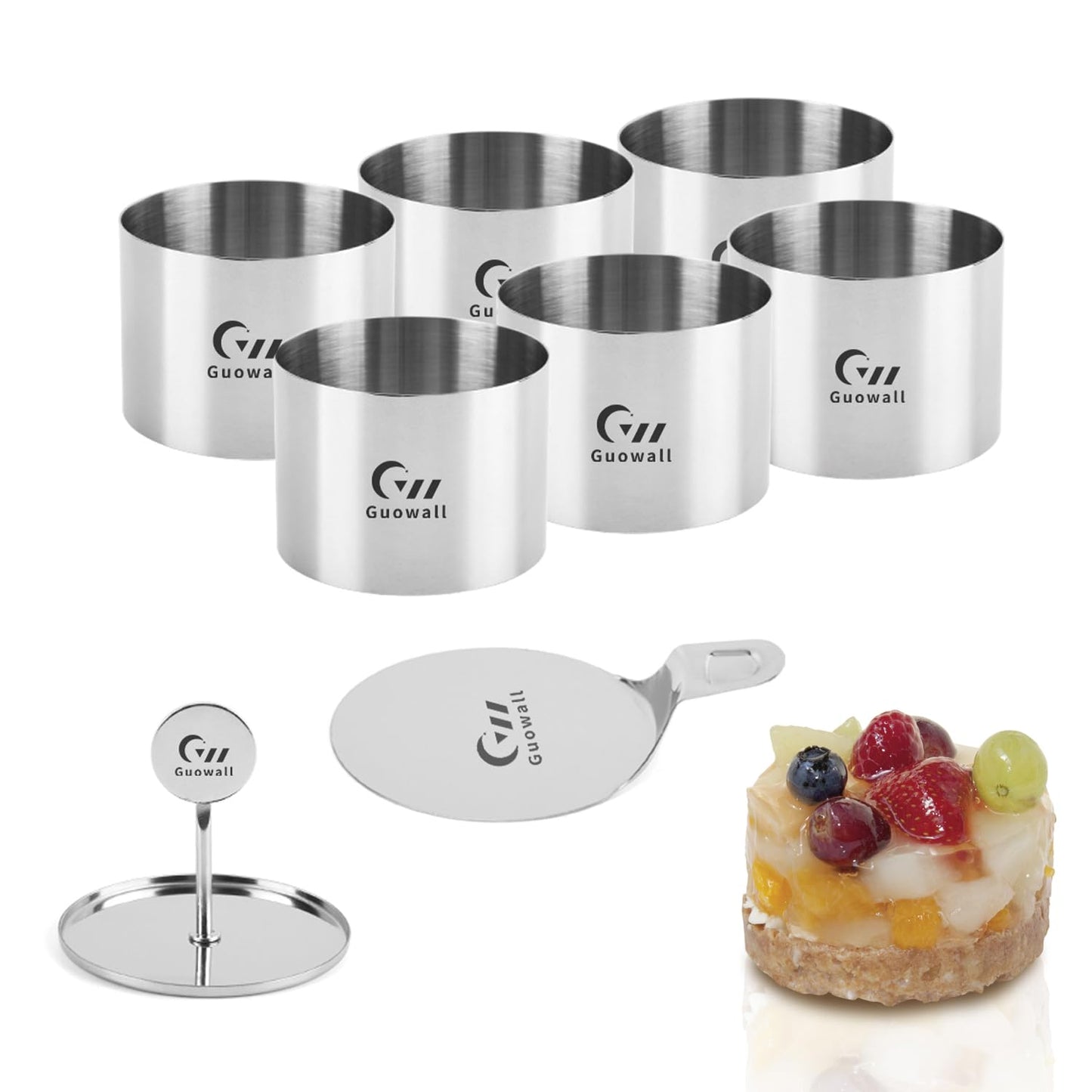 Guowall 6 Pack Seamless Cake Ring Molds Stainless Steel Mousse Rings 3 Inch Round Pastry Cutter for Baking (Includes 6 Rings 1 Pusher and 1 Lifter)