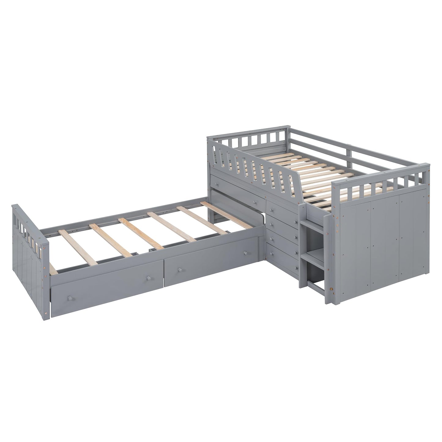 Merax L-Shaped Space-Saving Twin Loft and Twin Platform Bed with 7 Storage Drawers and Full Guardrails, Solid Wooden Bedframe for Boys Girls Adult, No Spring Box Needed, Grey