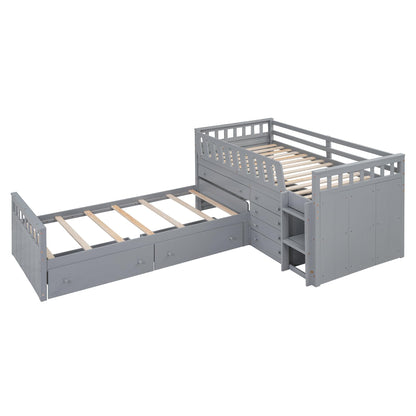 Merax L-Shaped Space-Saving Twin Loft and Twin Platform Bed with 7 Storage Drawers and Full Guardrails, Solid Wooden Bedframe for Boys Girls Adult, No Spring Box Needed, Grey