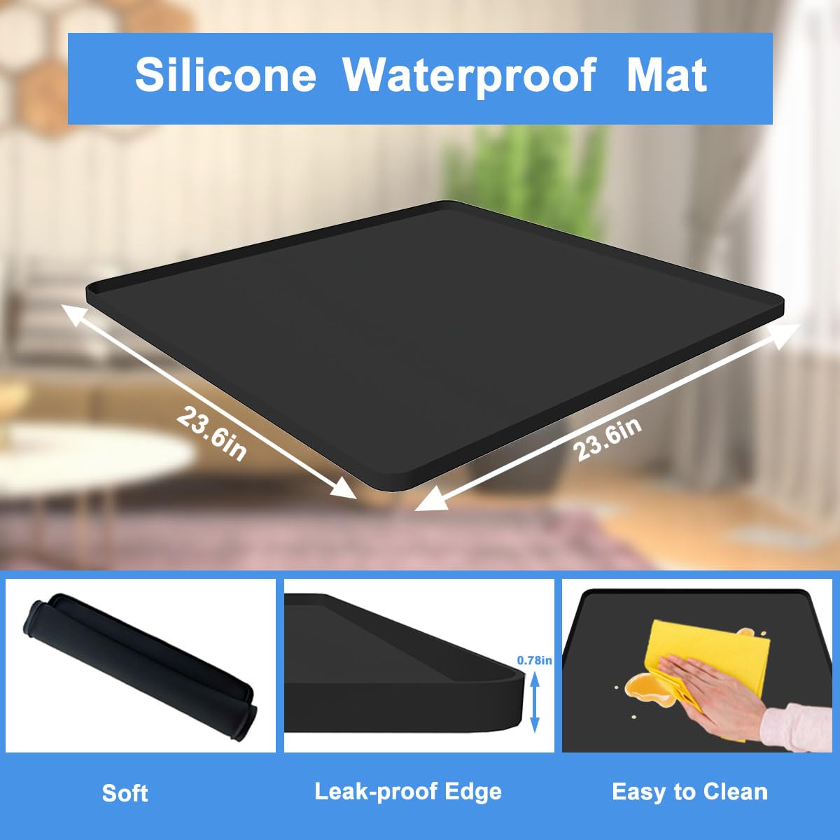KUPAO Mini Fridge Stand with Silicone Drip Tray, Universal Adjustable Base with 4 Strong Feet, 23.6" x 23.6" Mini Fridge Mat, Suitable for Small Refrigerators, Portable Compact Washer or Dryer, Black