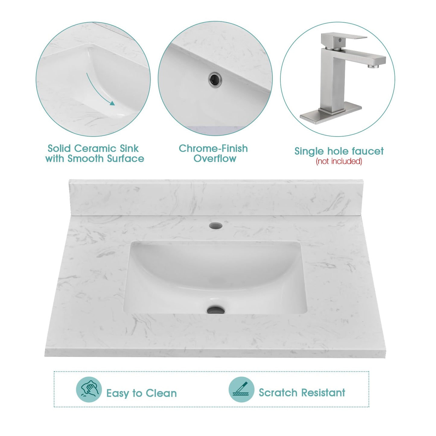 EQLOO 30" x 22" Vanity Top, Volakas White Engineered Stone Vanity Sink Top, with Undermounted Rectangular Sink & Backsplash Countertops, Pre-Drilled Single Hole for Bathroom Vanity Top with Sink