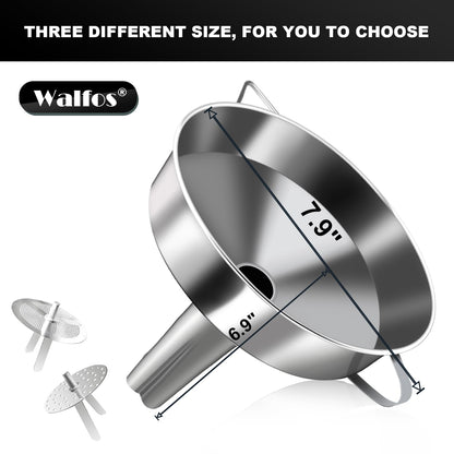 Walfos Extra Large Stainless Steel Funnel with Venting Slot, Kitchen Funnel with 2 Removable Strainer ＆ 1Pc Cleaning Brush, Perfect for Transferring Liquid, Oils, Jam, Dry Ingredients (Jumbo, 7.9")