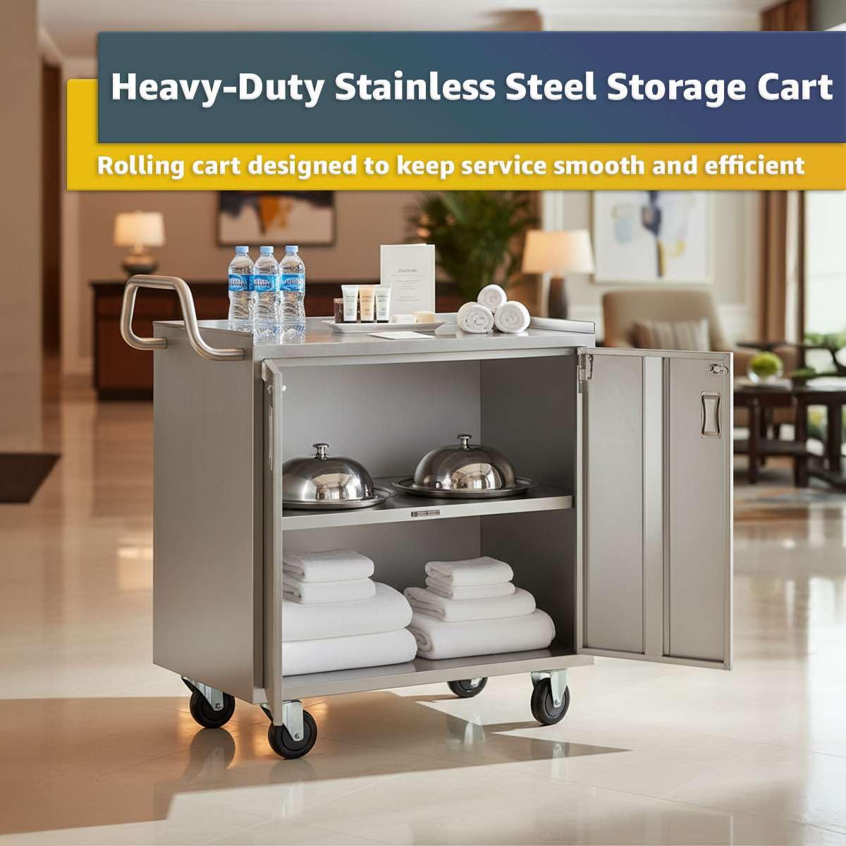 18" x 30" Stainless Steel Utility Cart with Enclosed Base and Locking Doors - Commercial NSF 3 Shelf Service Cart, Heavy-Duty Mobile Storage Cabinet for Kitchen, Catering, Restaurant Storage