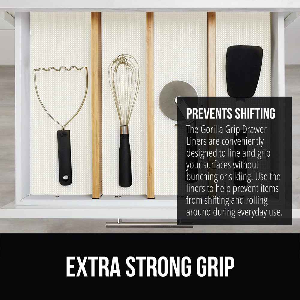 GORILLA GRIP powerGRIP Drawer Shelf and Cabinet Liner, Thick Strong Hold, Non-Adhesive Liners Protect Kitchen Cabinets and Cupboard, Bathroom Drawers, Easy Install, Breathable Mat, 12" x20' Snow White